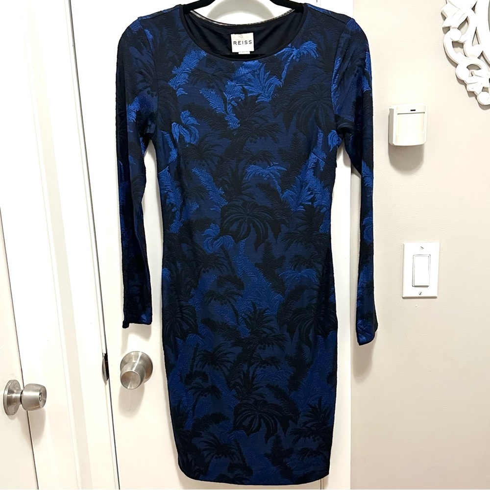 Reiss Saffina Blue Black Jacquard Bodycon Jersey Mini Dress 6 fitted long sleeve